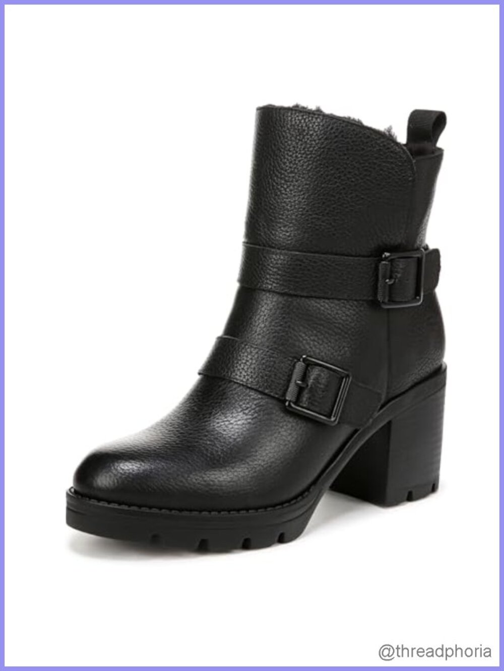 Water-Repellent Leather Ankle Bootie with Lug Sole and Fluffy Lining